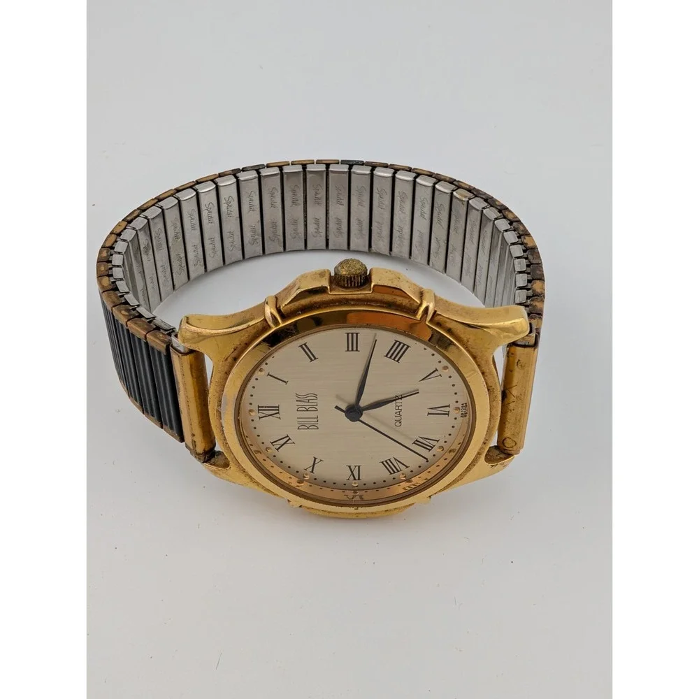 Vintage Bill Blass Watch Men 36mm Case Black/Gold Stretch Band-‎ New Battery